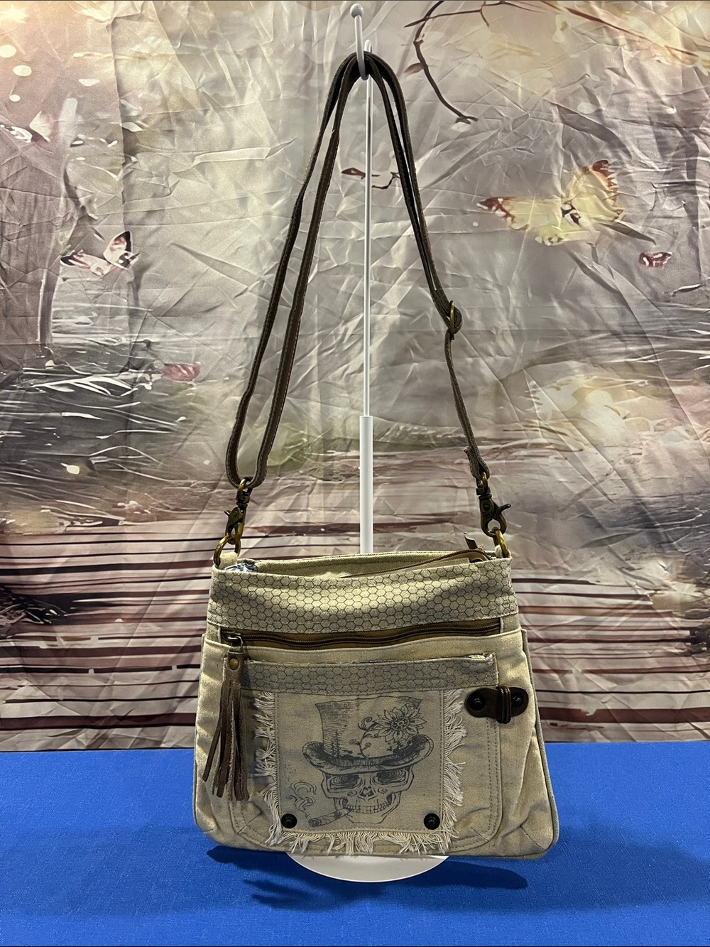 Canvas Skull Graphic Crossbody Bag in Beige